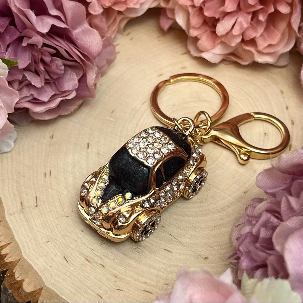 Retro Black and Gold Crystal Coupe Car Keychain Charm - Picture 11 of 16